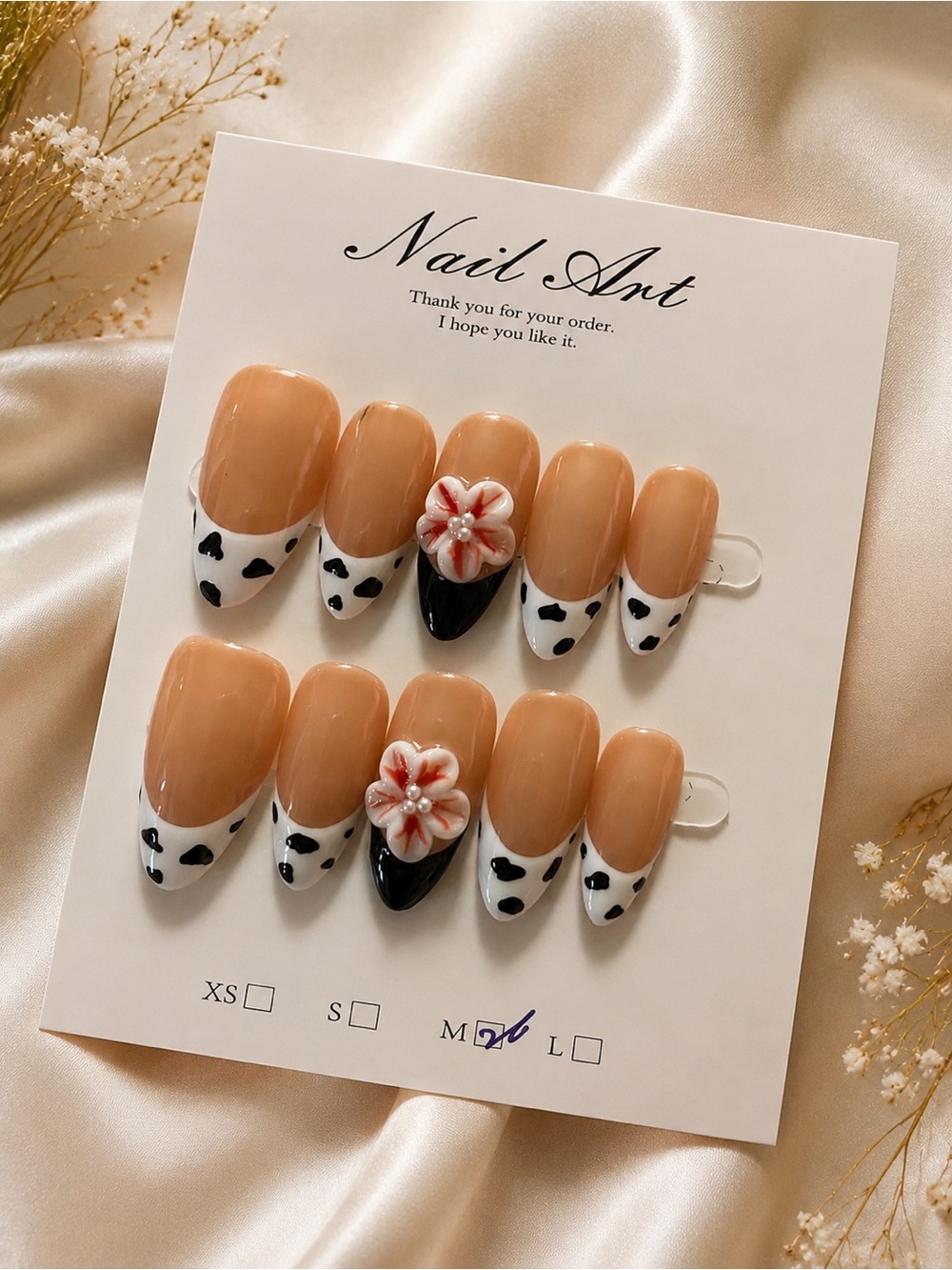 Nude & Black Floral Accent Press-On Nail Set